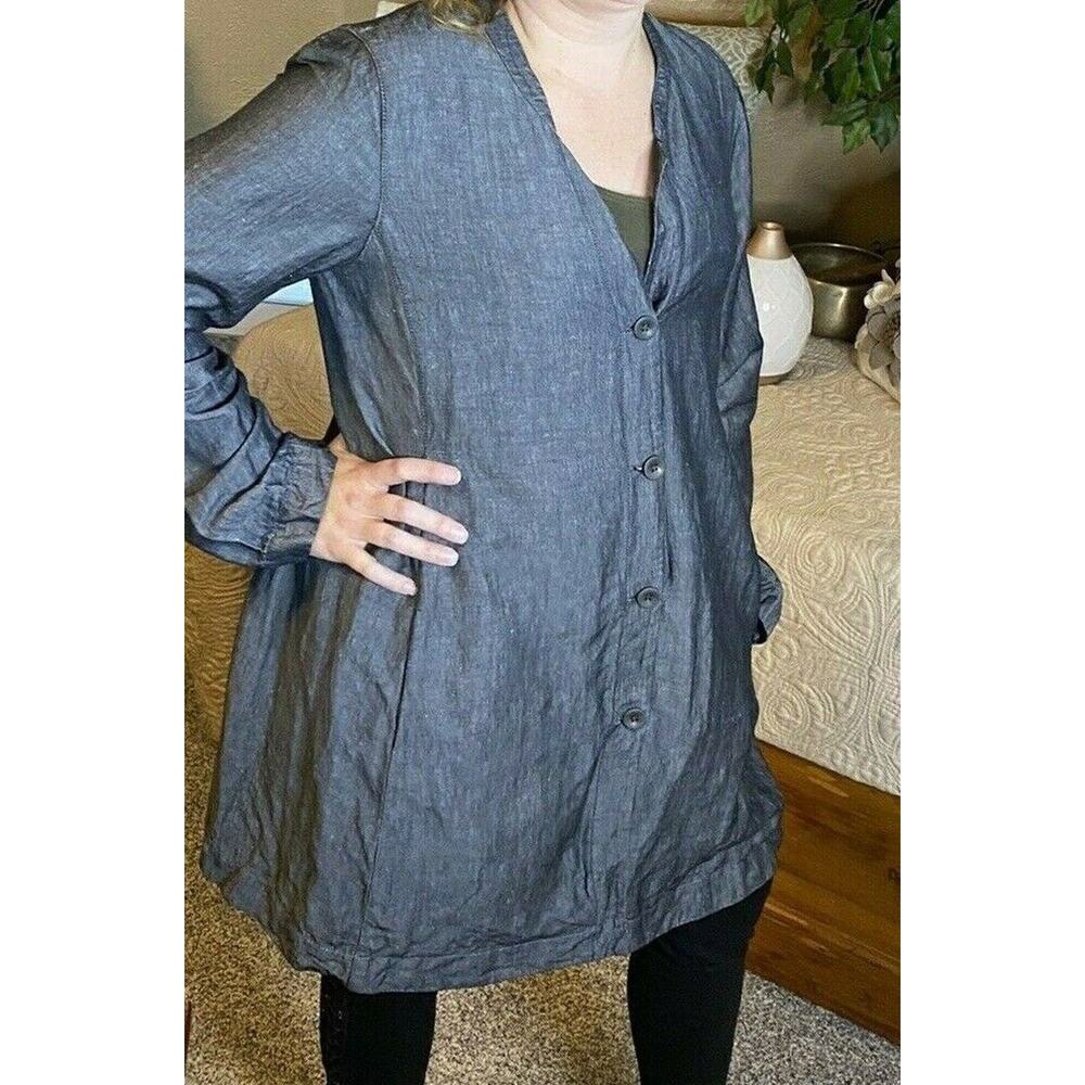Eileen Fisher Tunic Dress Button‎ Long-Sleeve Linen Blend Gray Oversized Small